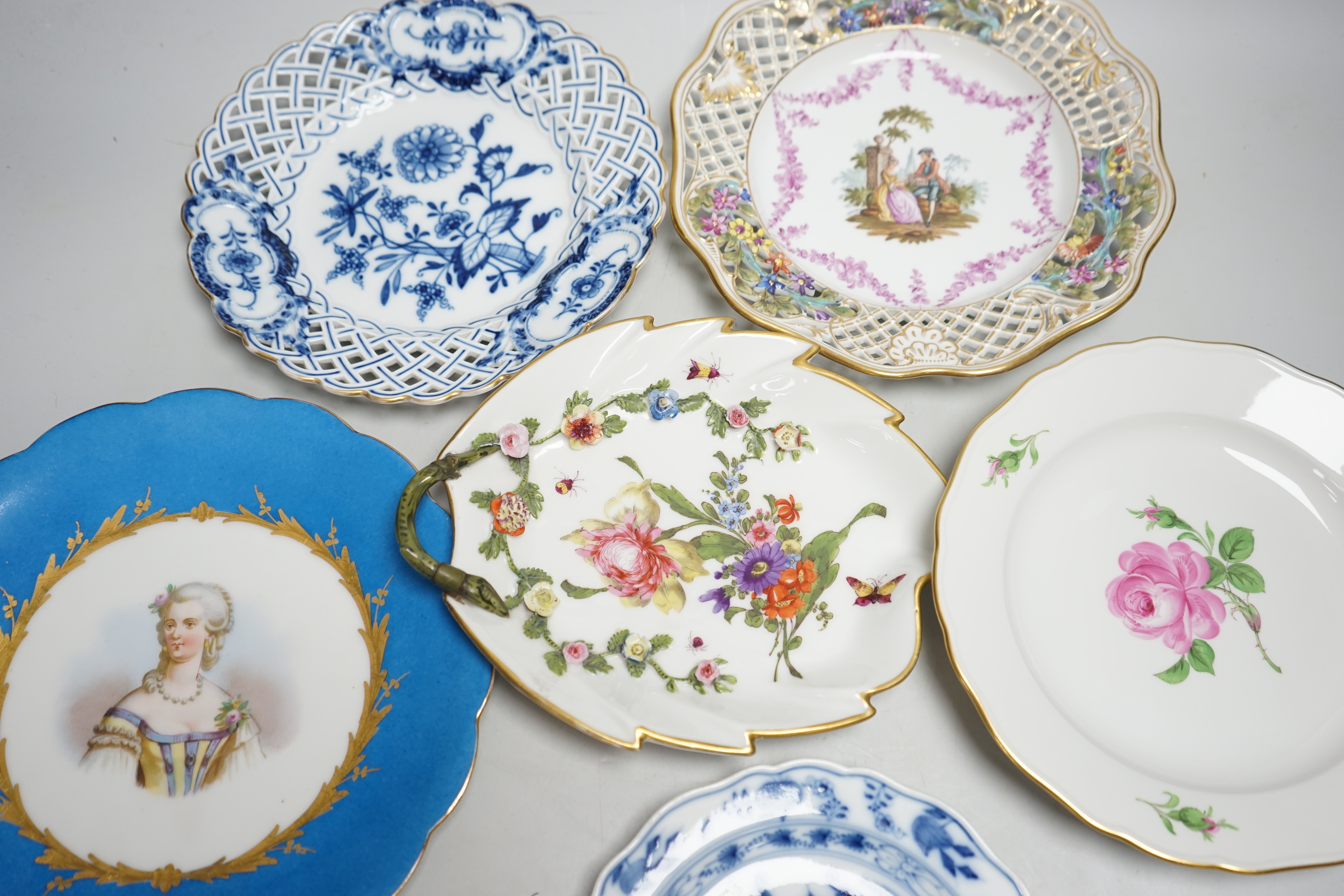 Six Continental plates by Meissen, Dresden, Sevres, etc. including Sevres Comtesse Dubarry portrait, two Meissen plates with pierced edges, two outside decorated, widest 23.5cm